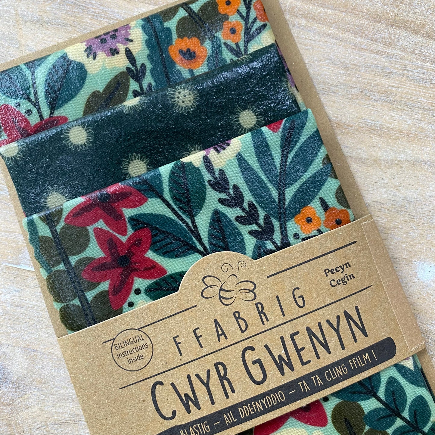 Sustainable set of three reusable kitchen wrap with bold floral printed fabric, handmade in Wales