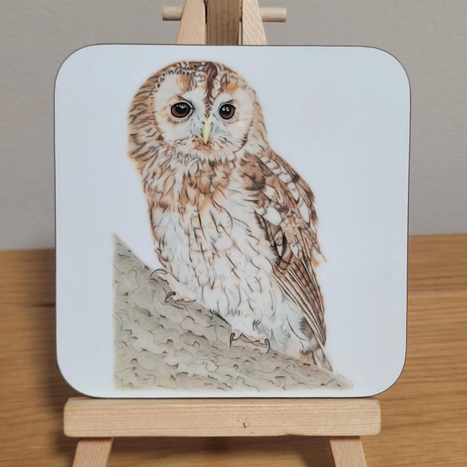 Coaster with a painting of an owl on a white background. Nature inspired bird and animal coaster, gift for wildlife love