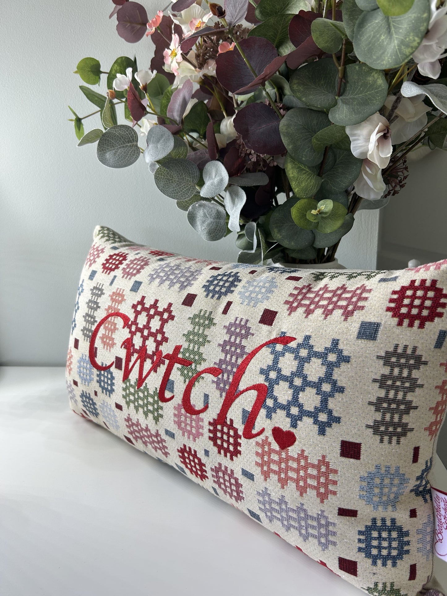 Cwtch Embroidered Cushion on Welsh Tapestry Effect Fabric