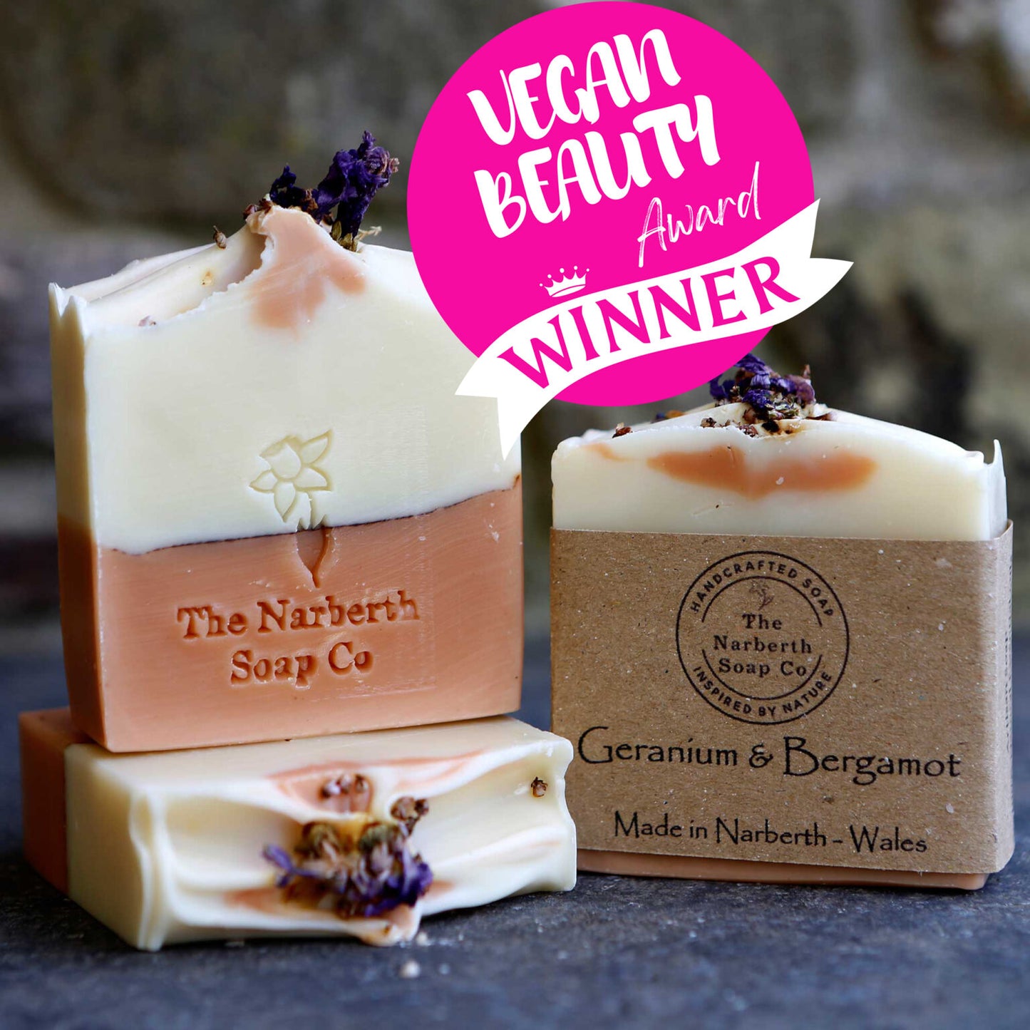 Natural aromatherapy soap bar with geranium, lavender and bergamot, handmade in Wales and perfect for gifting. Vegan beauty award winner.