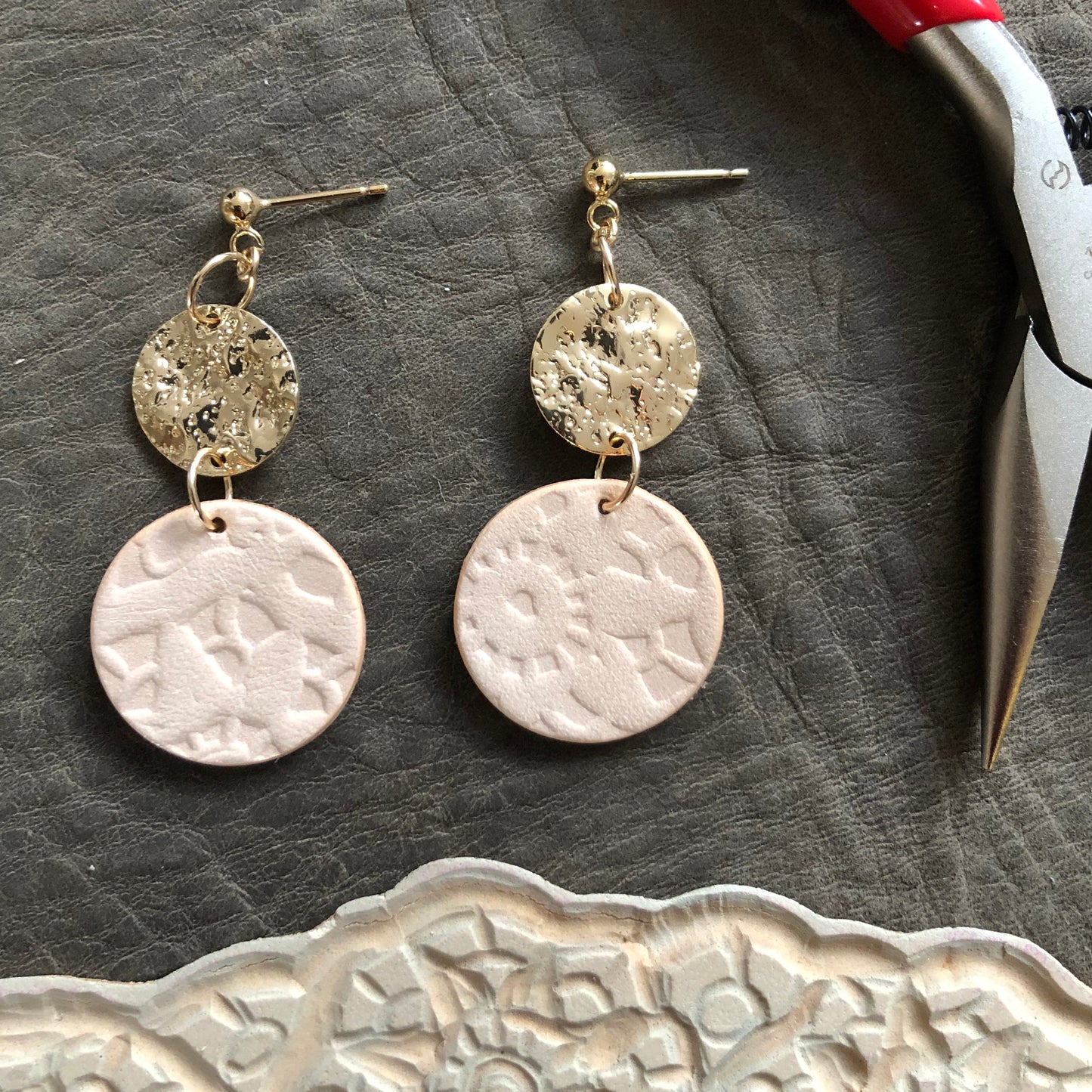 Unique upcycled leather earrings with debossed pattern, ethical and handmade