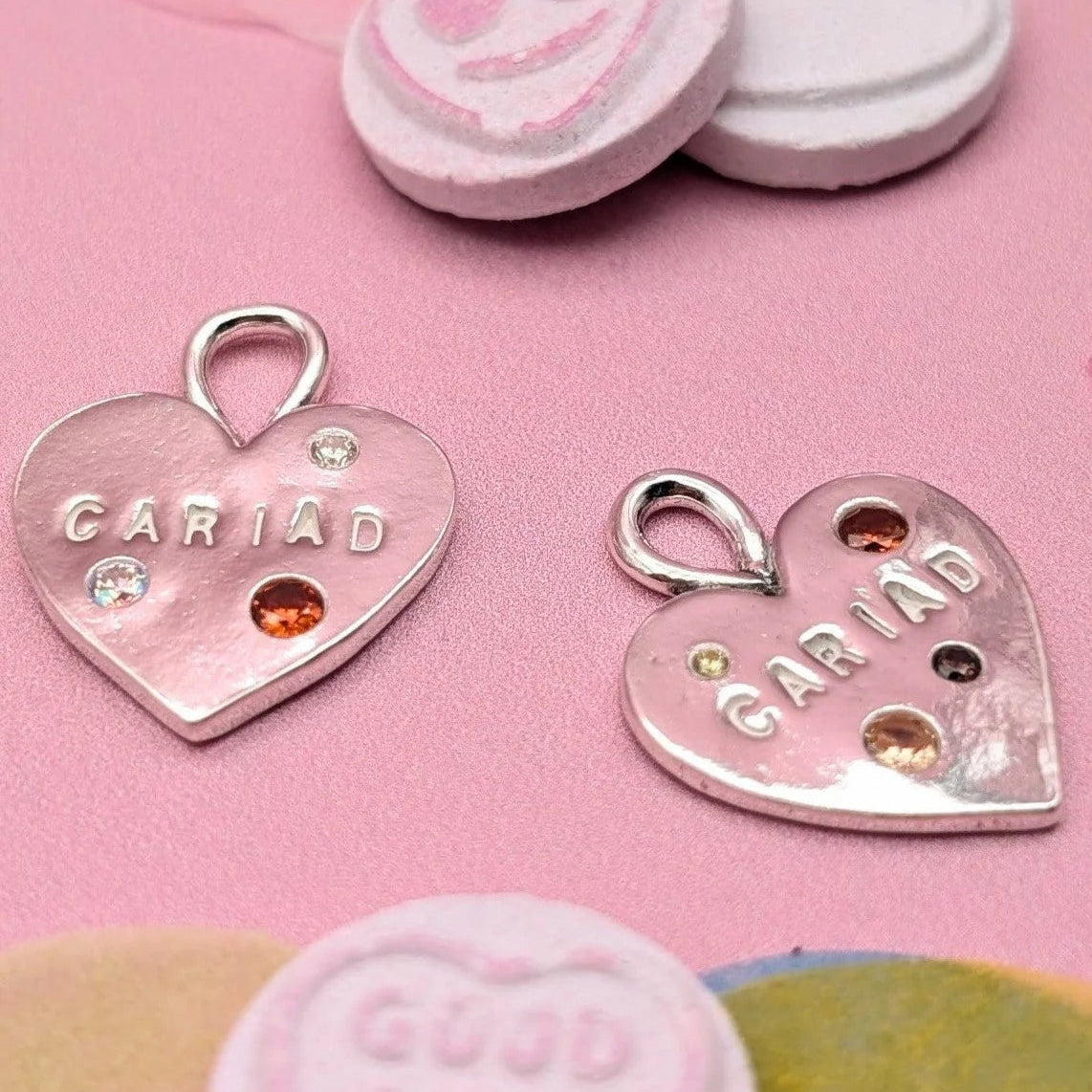 Close-up of Welsh Heart Necklace with colourful cubic zirconia gemstones, handcrafted in Wales, ideal gift for loved ones