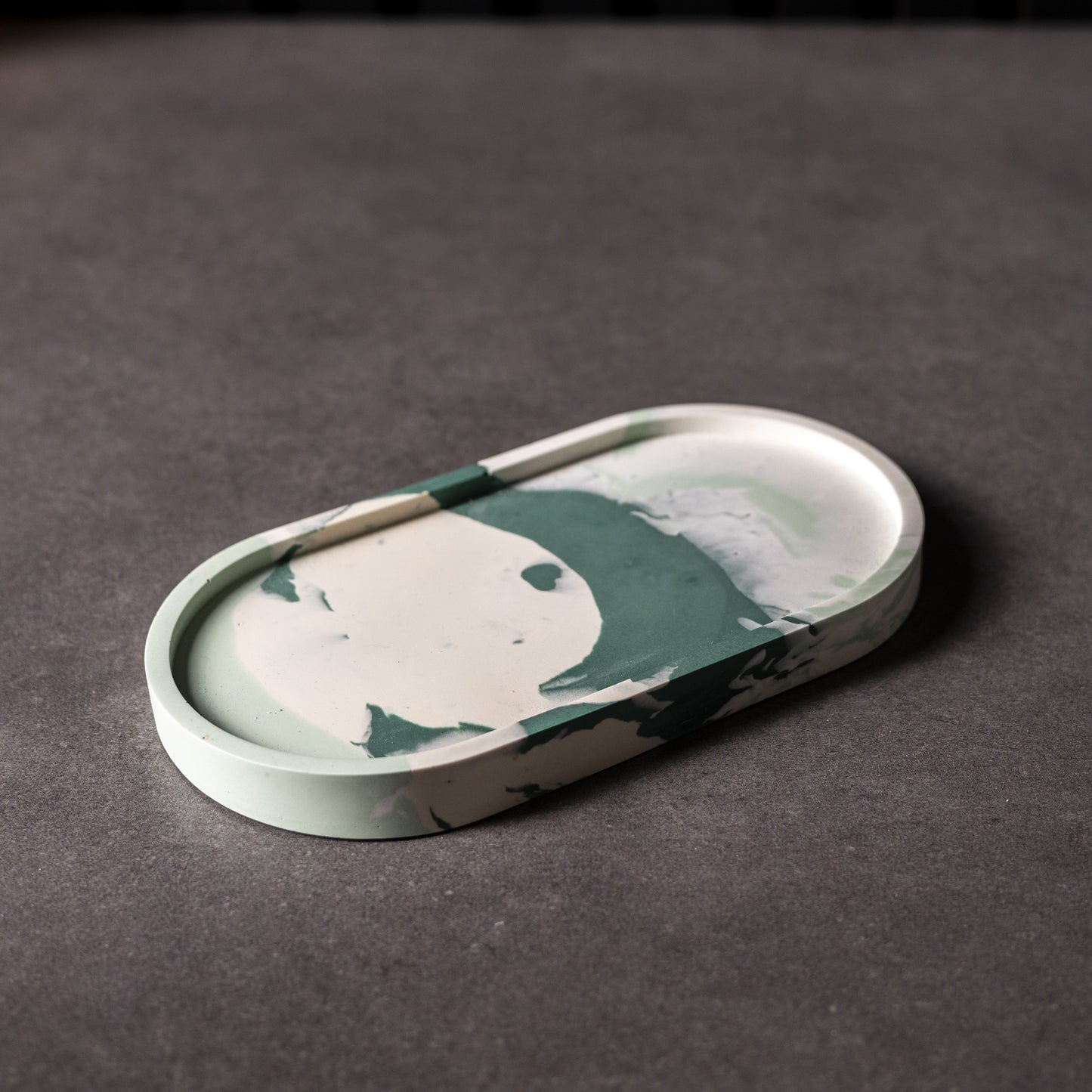 Handmade green/teal marbled oval Jesmonite trinket tray in neutral colours, Welsh Christmas gift and eco-friendly home décor