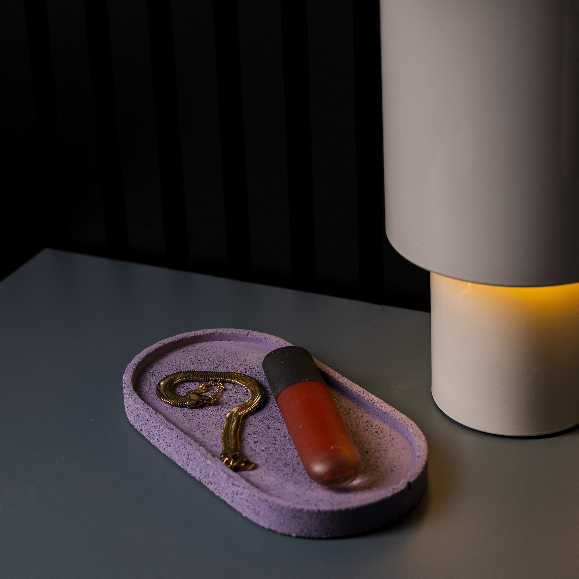 Colourful purple handmade oval Jesmonite trinket tray, ideal Christmas gift from Wales and sustainable home accessory