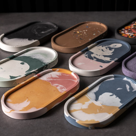 Close-up of oval Jesmonite trinket trays, handmade gift from Wales, perfect for storing jewellery or small items as a gift