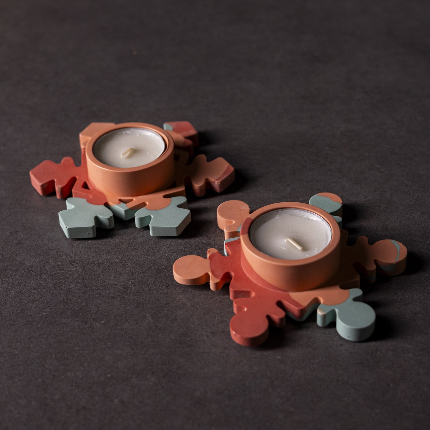 “Close up of terra mist and blue colourful handmade snowflake tealight holder, perfect for Christmas gifting and festive home décor