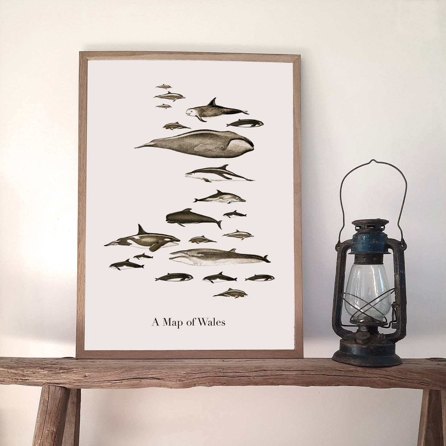 Art print featuring a composition of whales arranged in the shape of Wales, perfect for home decoration and gifting.