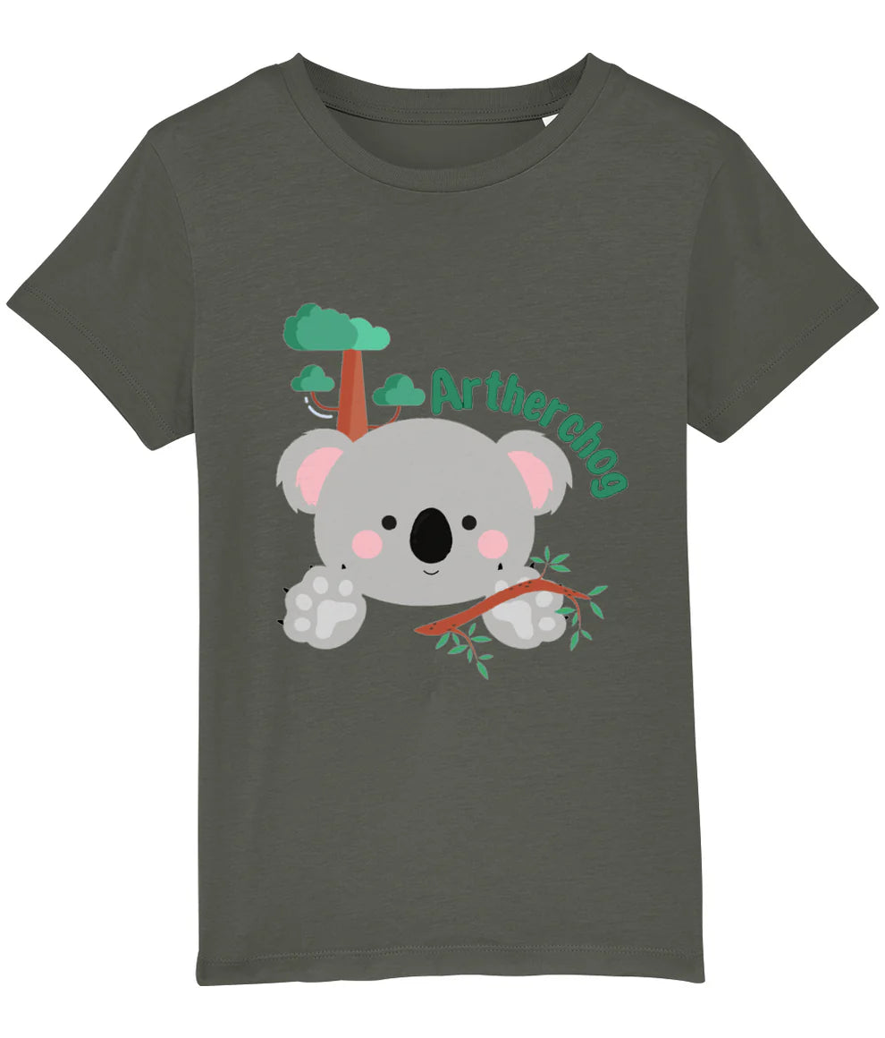 A kids' t-shirt featuring an illustrated lion design, hung up on a wooden hanger. Perfect for new baby and toddler gifts, birthdays, school days, playtime or thoughtful Welsh gifts for children.