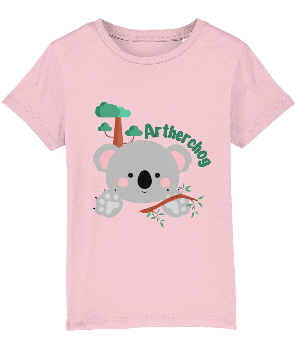 A kids' t-shirt featuring an illustrated lion design, hung up on a wooden hanger. Perfect for new baby and toddler gifts, birthdays, school days, playtime or thoughtful Welsh gifts for children.