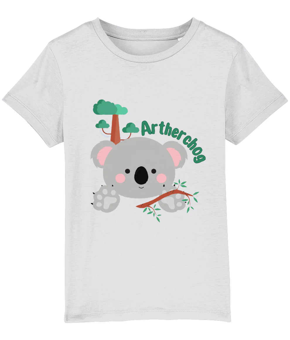 A kids' t-shirt featuring an illustrated lion design, hung up on a wooden hanger. Perfect for new baby and toddler gifts, birthdays, school days, playtime or thoughtful Welsh gifts for children.