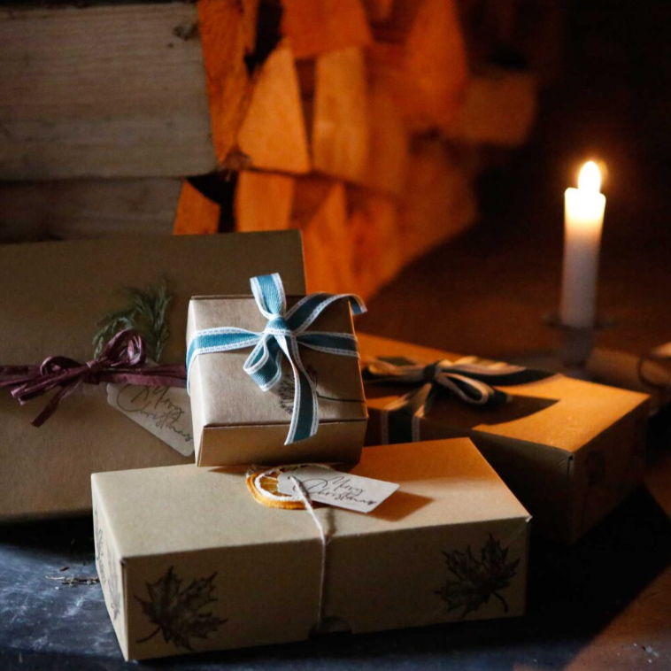 Gift box featuring handmade ceramic soap dish, artisan soap and bath salts, eco friendly and beautifully packaged in brown Kraft box