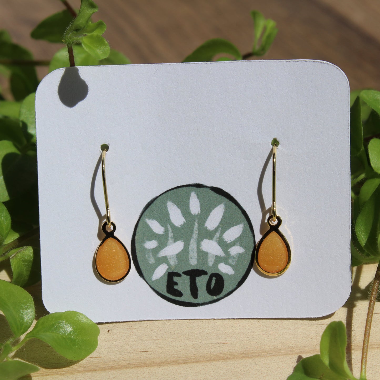 Pair of earrings on a card with 'ETO' branding, surrounded by green leaves.