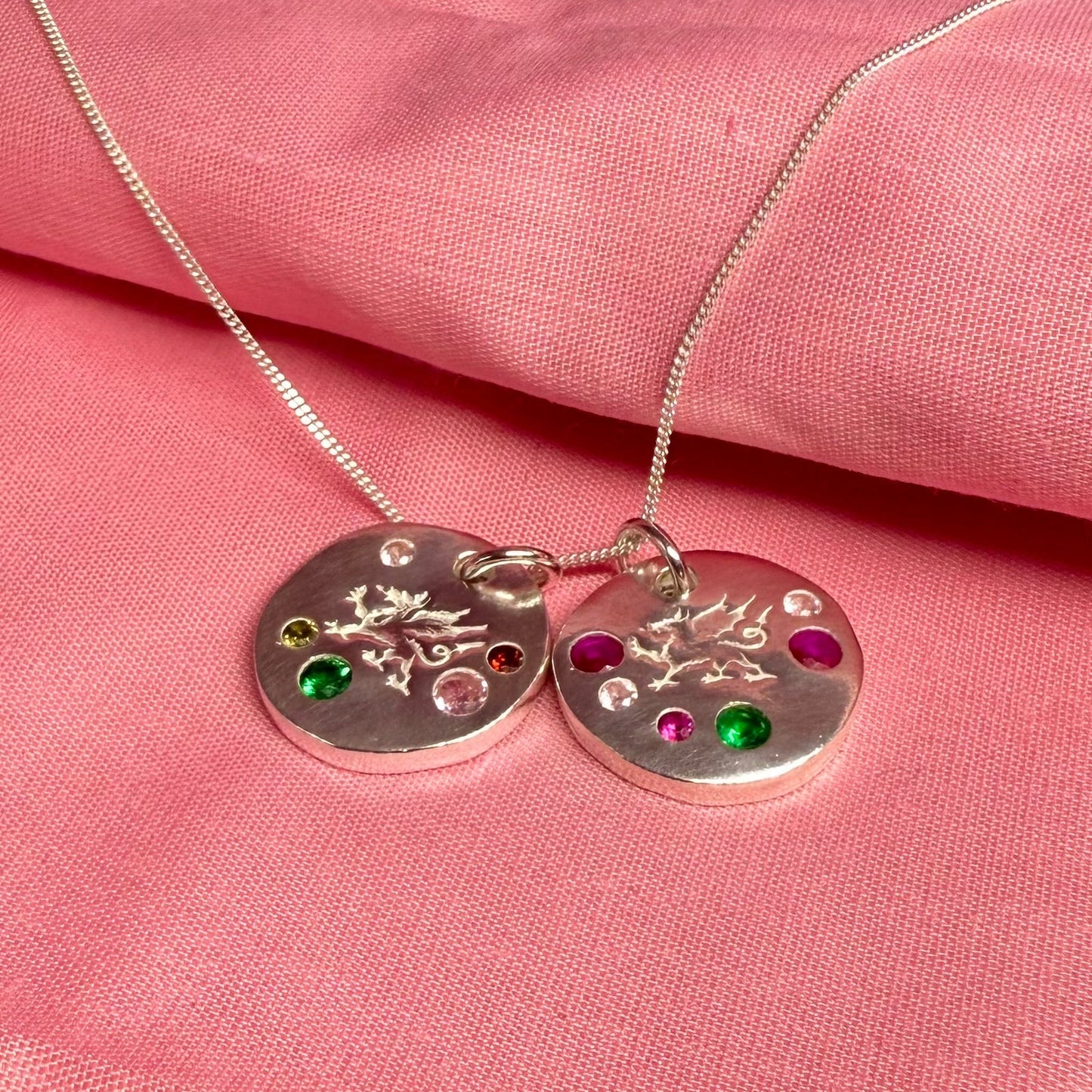 Fine silver Welsh dragon necklace with multicoloured stones, handcrafted in Wales. Perfect jewellery christmas gift for her.