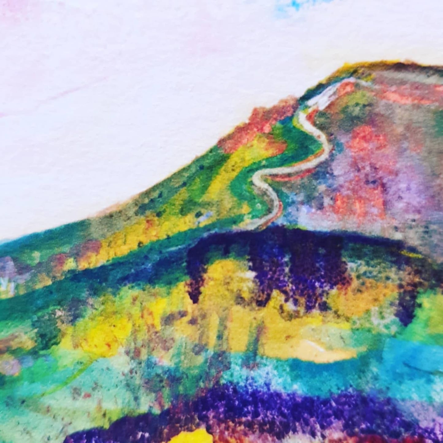 Close-up detail of landscape art giclée print showing textured acrylic ink painting – ideal gift for Welsh art lovers, landscape, outdoor enthusiasts