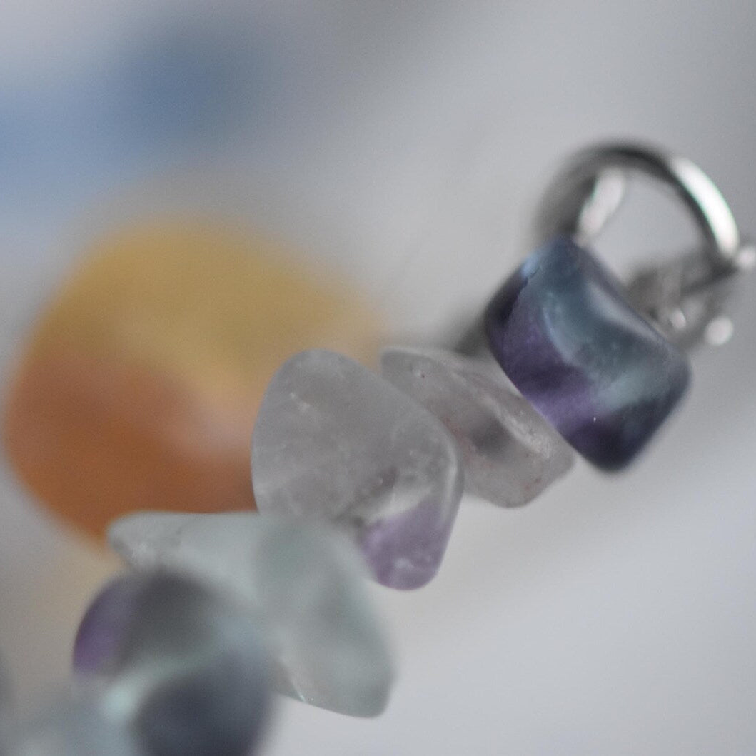 Close-up of Boho fluorite gemstone earrings handmade in the Wales