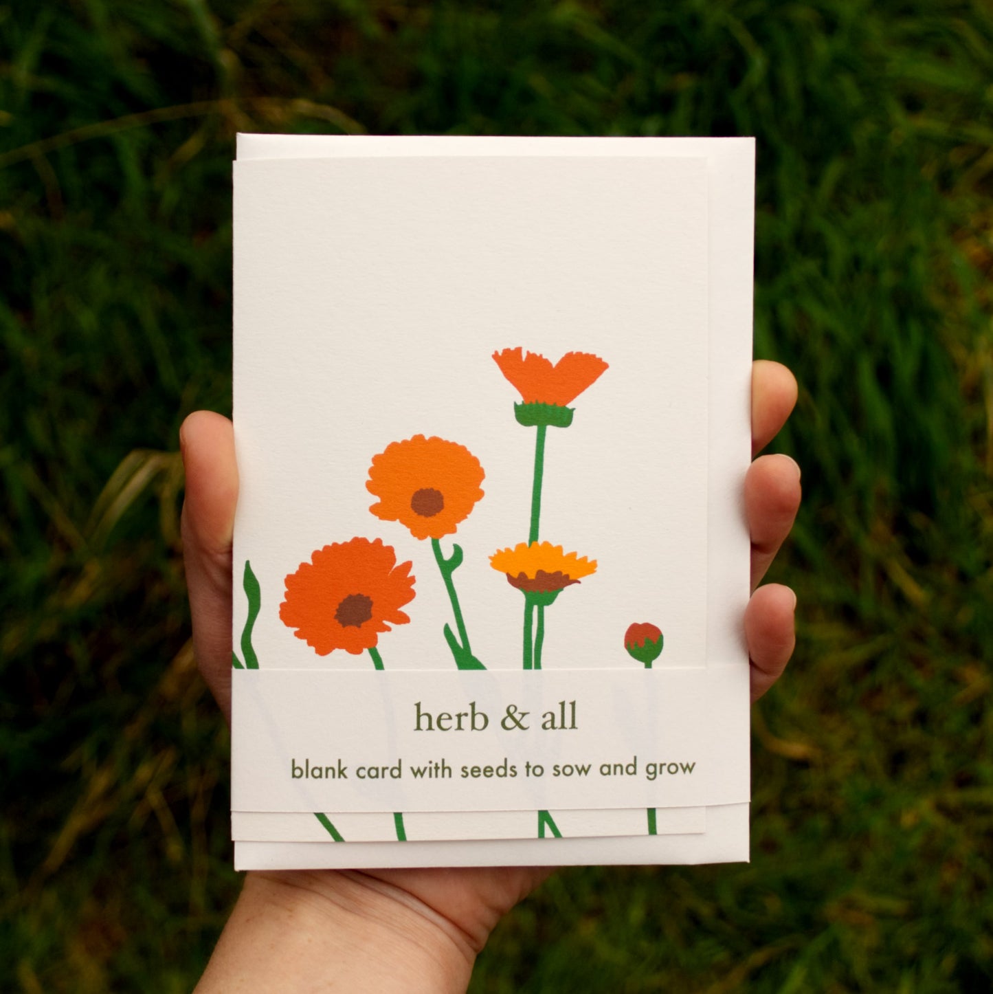 Hand holding a card with orange flowers and text 'herb & all' against a grassy background
