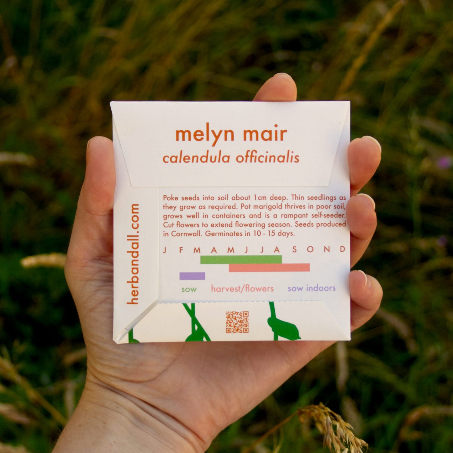 Hand holding a seed packet with text and branding against a natural background