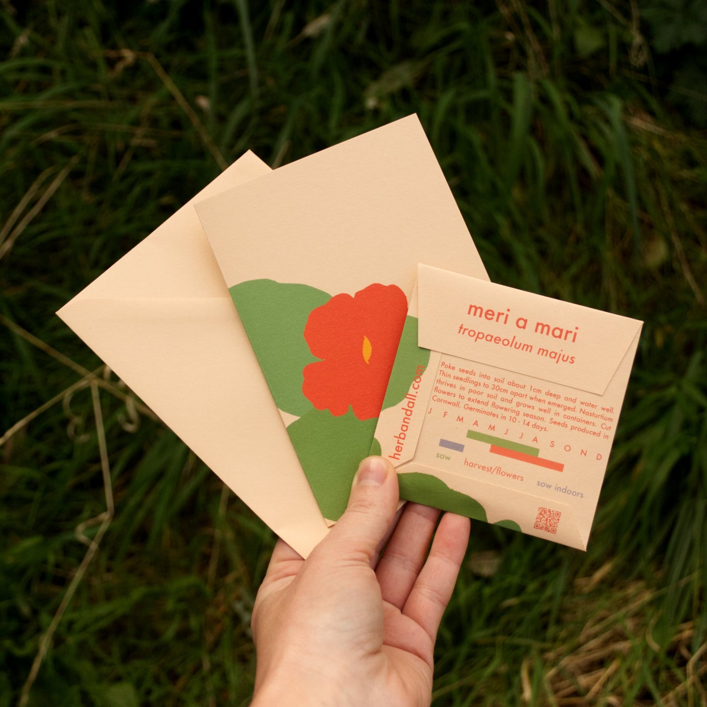Meri a Mari – Welsh botanical greetings card with nasturtium seeds