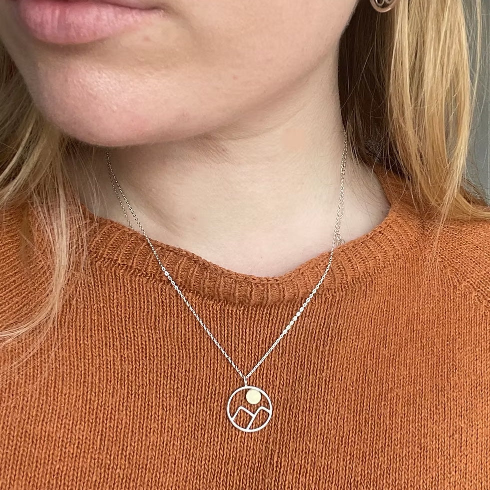 Welsh handcrafted mountain and sun pendant in silver and brass – ideal Christmas gift for nature lovers