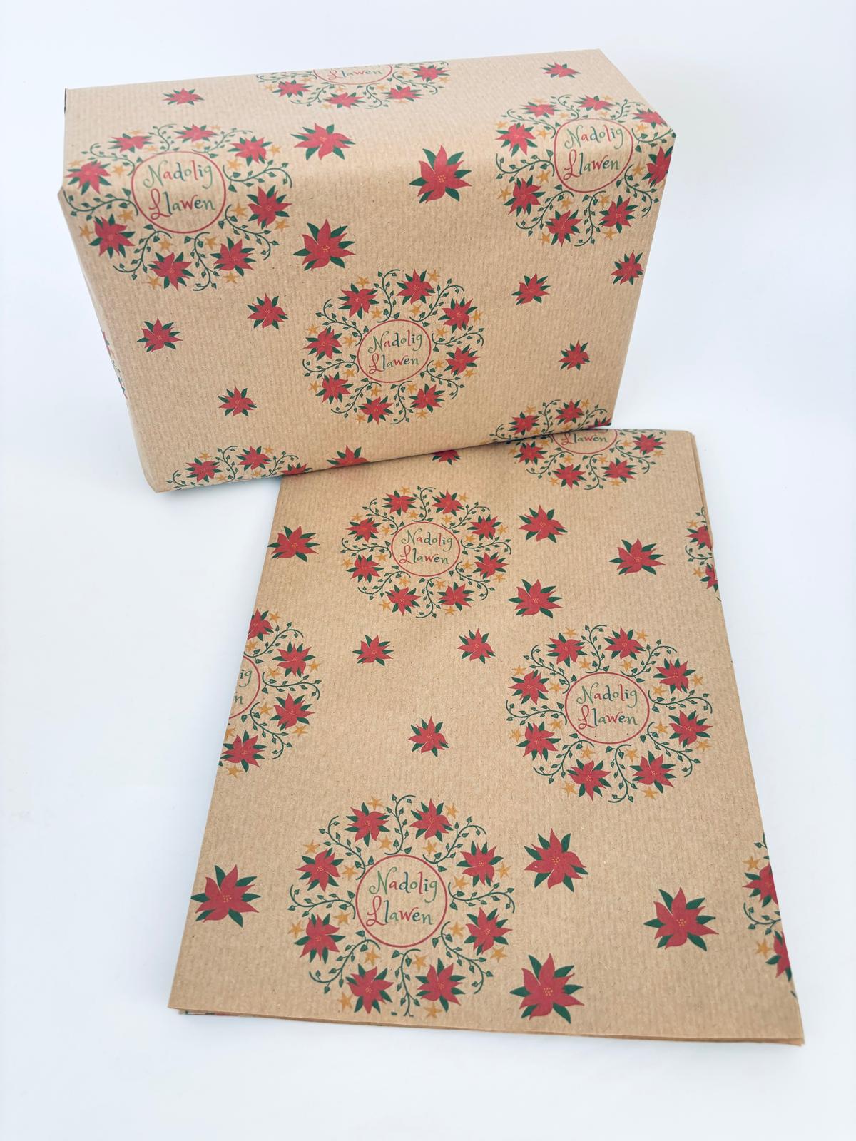 Happy Christmas Poinsettia wreath eco wrapping paper