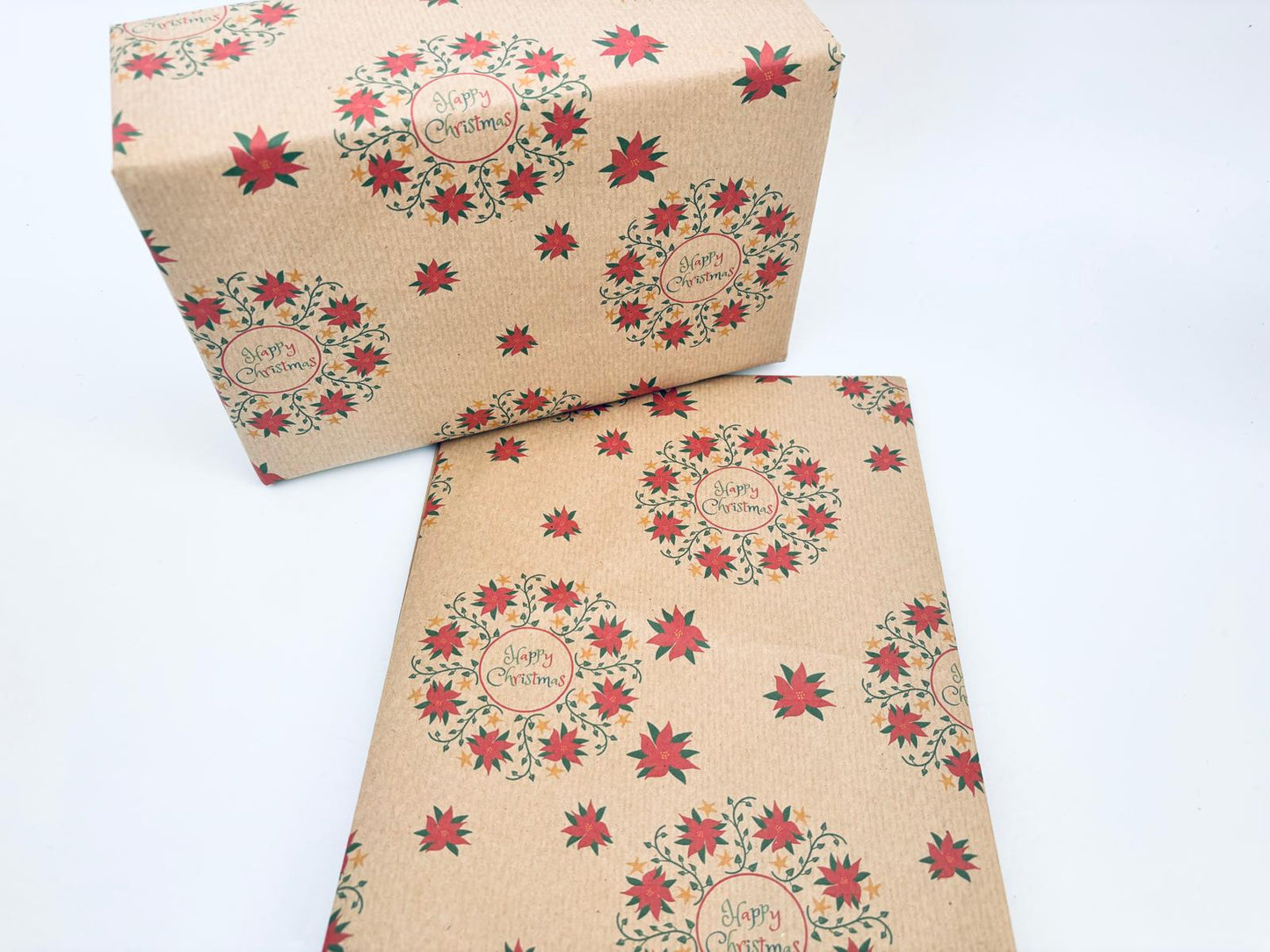 Happy Christmas Poinsettia wreath eco wrapping paper