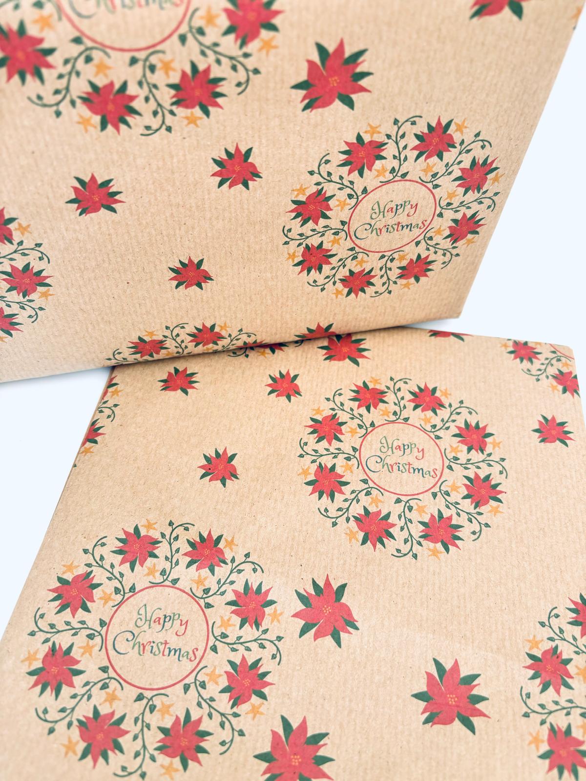 Happy Christmas Poinsettia wreath eco wrapping paper