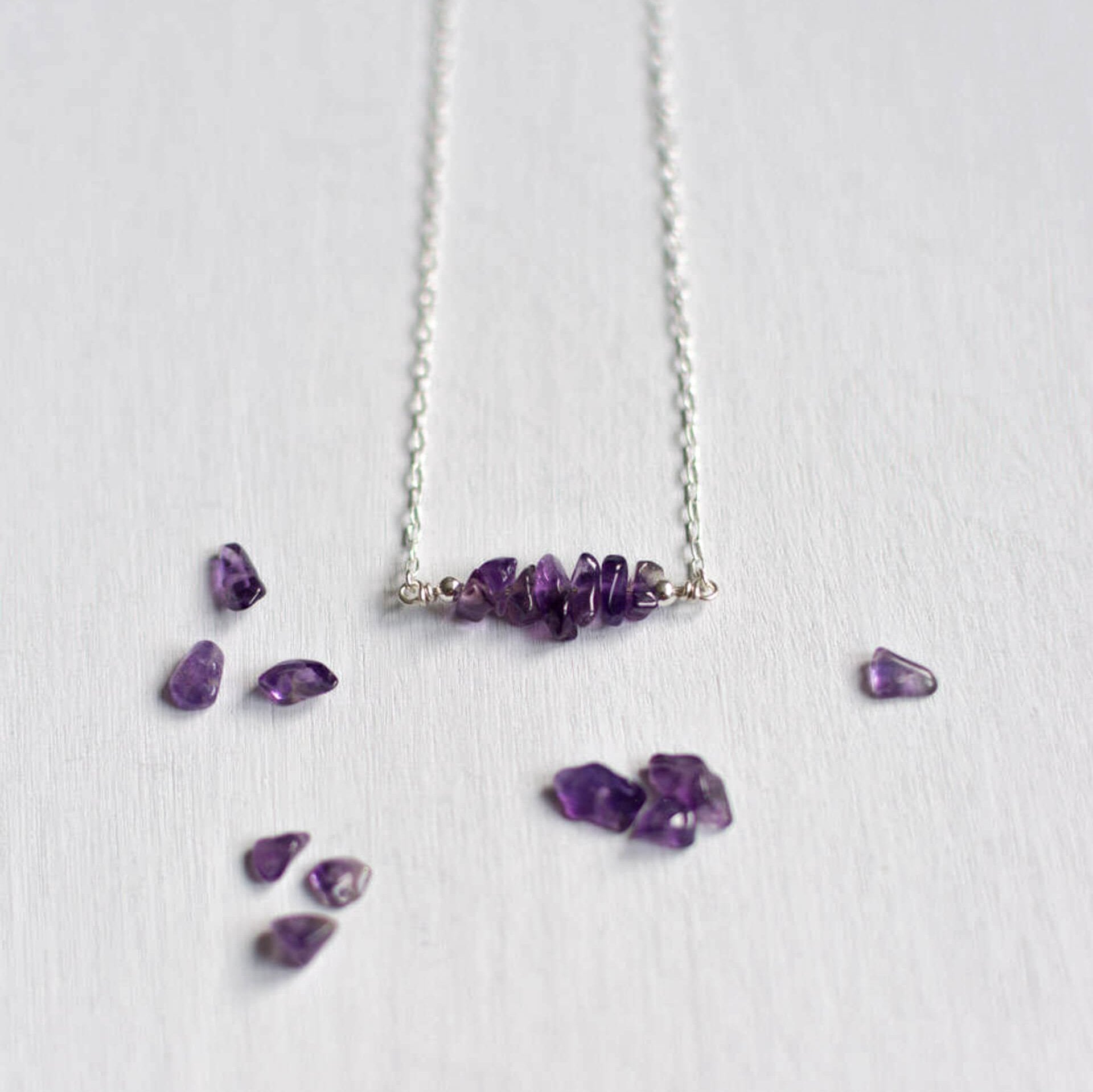 Purple Amethyst Crystals handmade necklace on silver chain