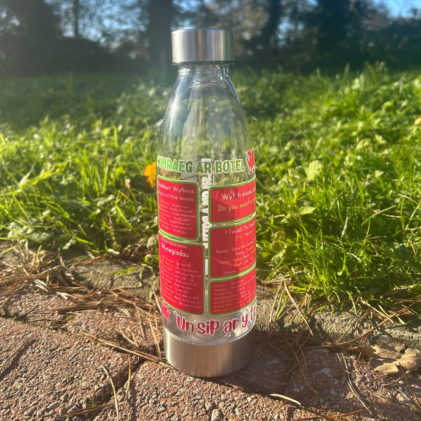 Bottle with a red label on a grassy background, with Welsh phrases, perfect for learning Welsh or as a special gift made in Wales.