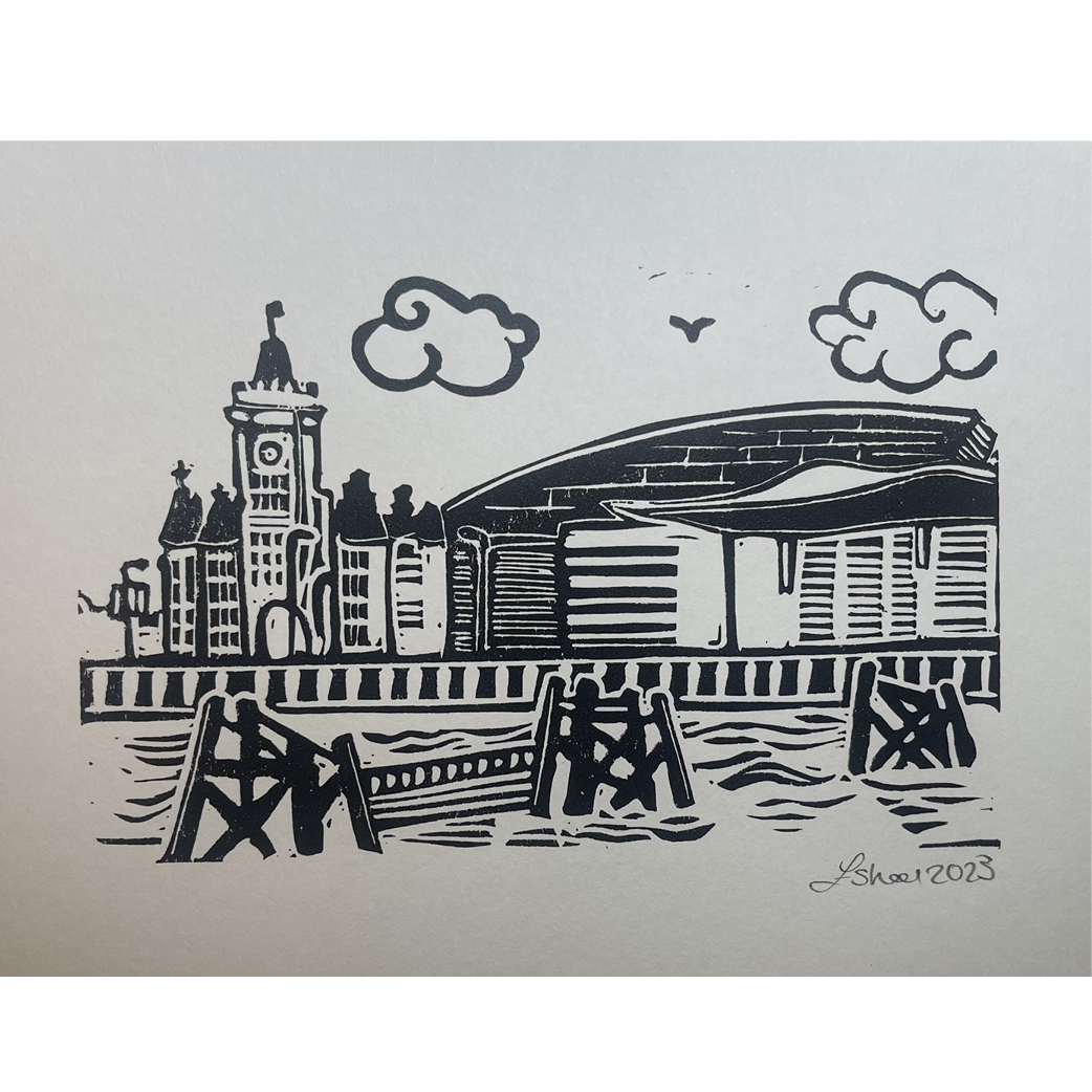 Handprinted Cardiff Bay lino print by local maker 