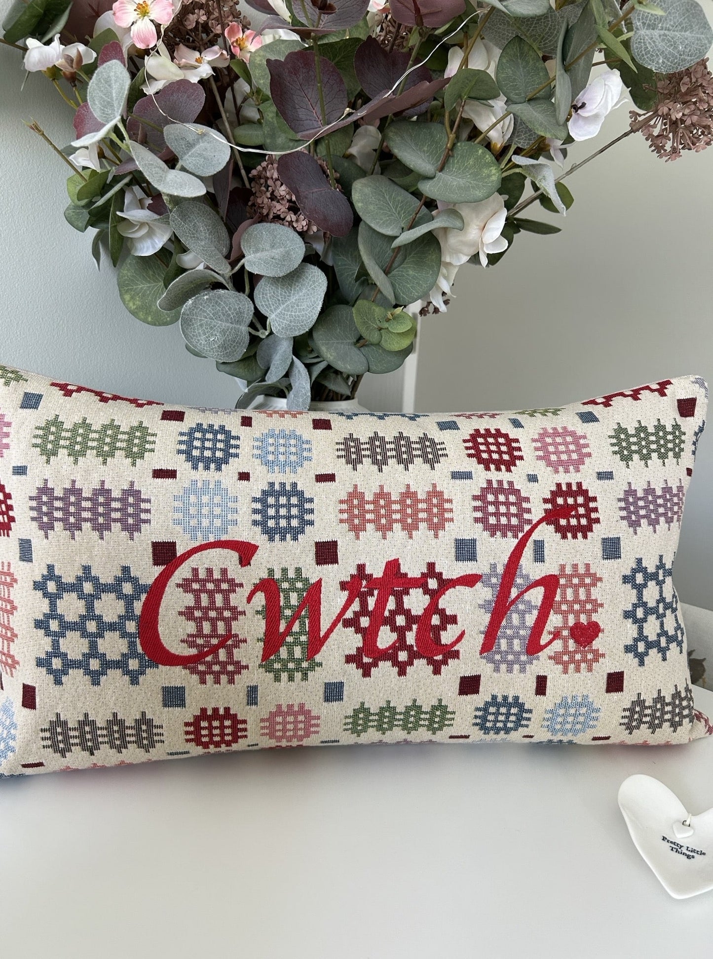 Cwtch Embroidered Cushion on Welsh Tapestry Effect Fabric