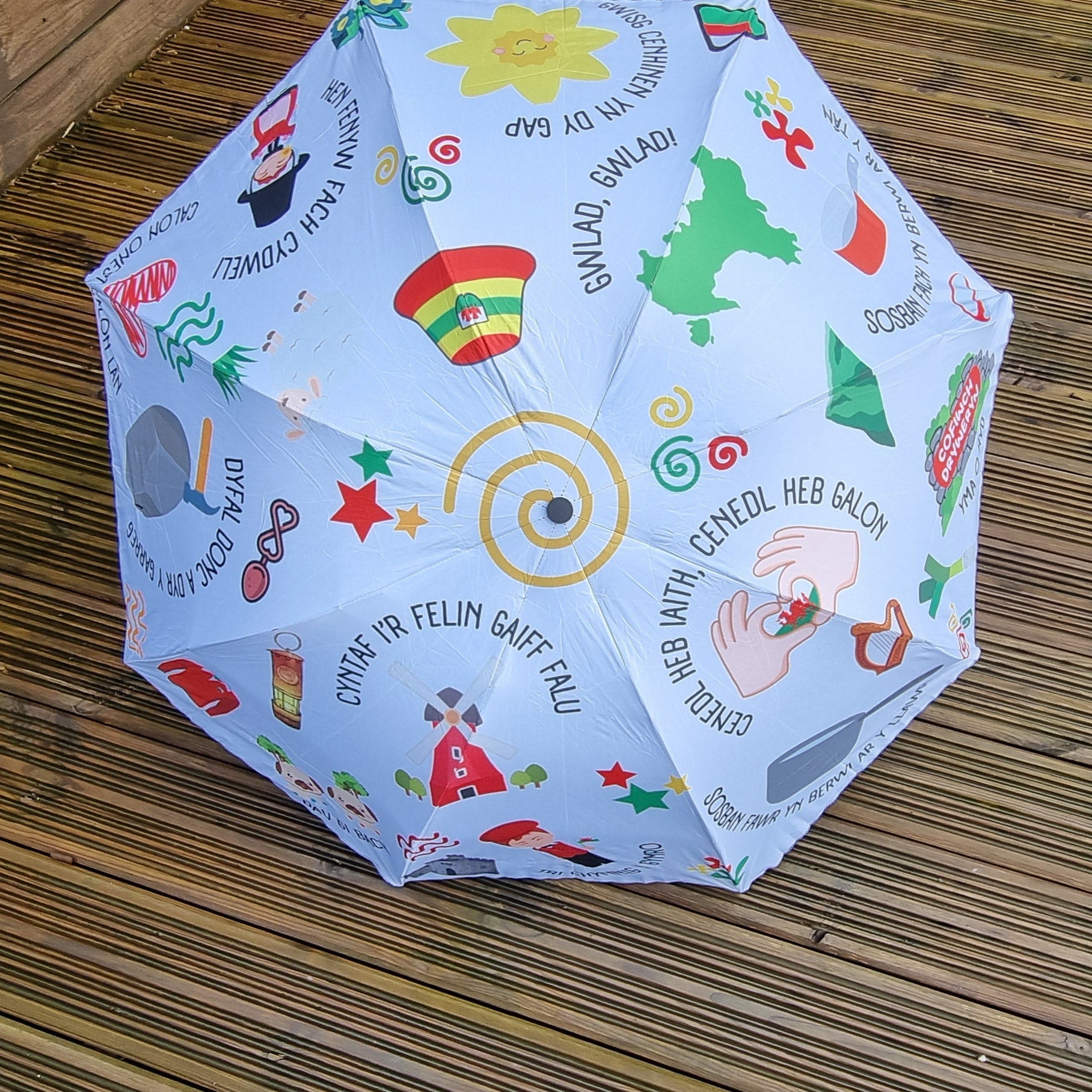 Welsh themed umbrella with bold Welsh inspired illustrations. A must-have Welsh gift or travel essential for anyone who loves Cymru.