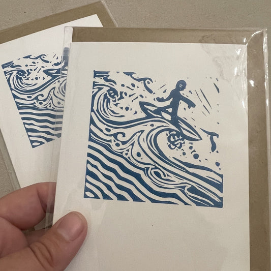 Surfer lino print card with envelope, by local Welsh maker.