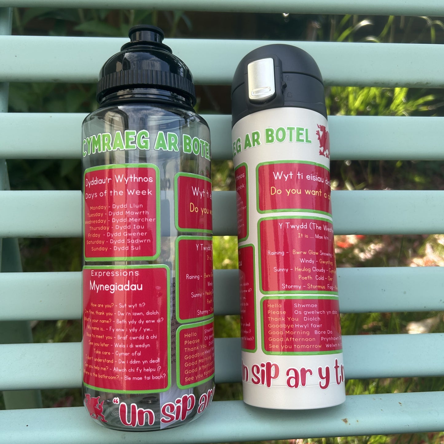 Premium Cymraeg stainless steel flask featuring Welsh language phrases