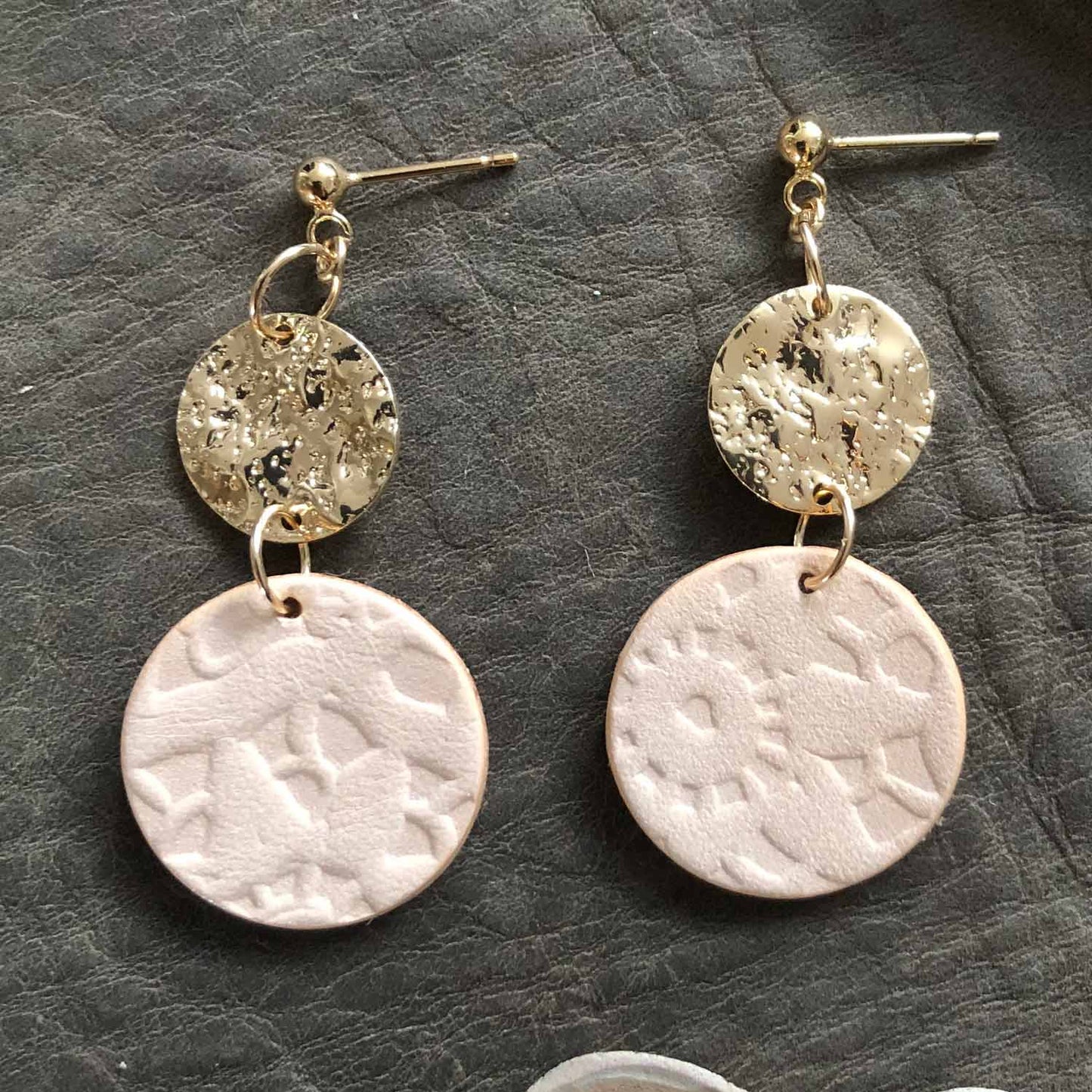 Handmade leather circle drop earrings with gold-plated findings, sustainable artisan jewellery