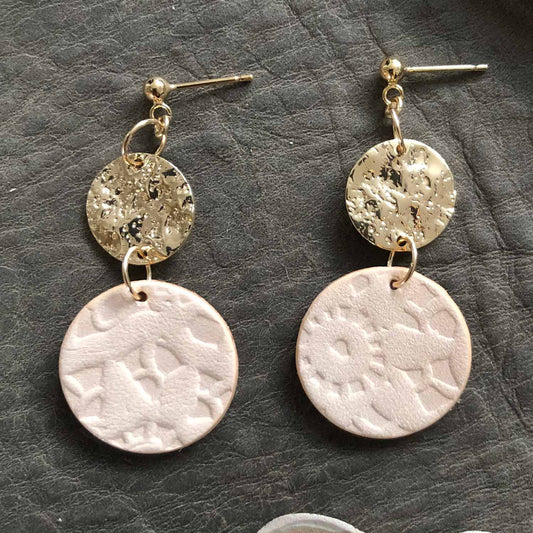 Handmade leather circle drop earrings with gold-plated findings, sustainable artisan jewellery
