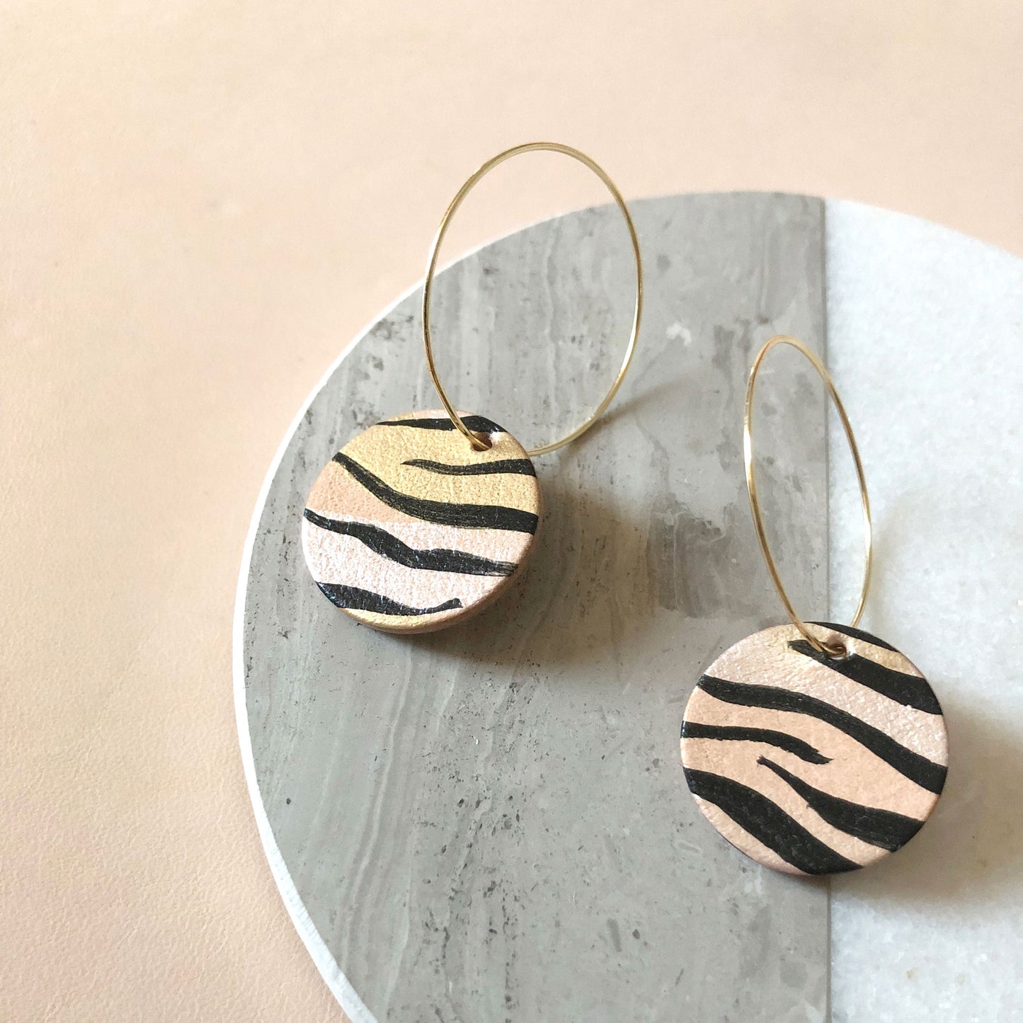 Unique hand painted tiger stripe leather hoop earrings, 4.3 cm long. Perfect gift for her.