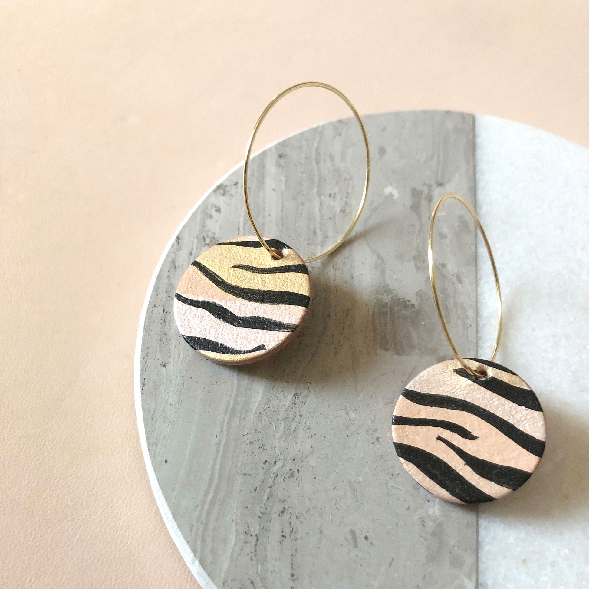 Unique hand painted tiger stripe leather hoop earrings, 4.3 cm long. Perfect gift for her.