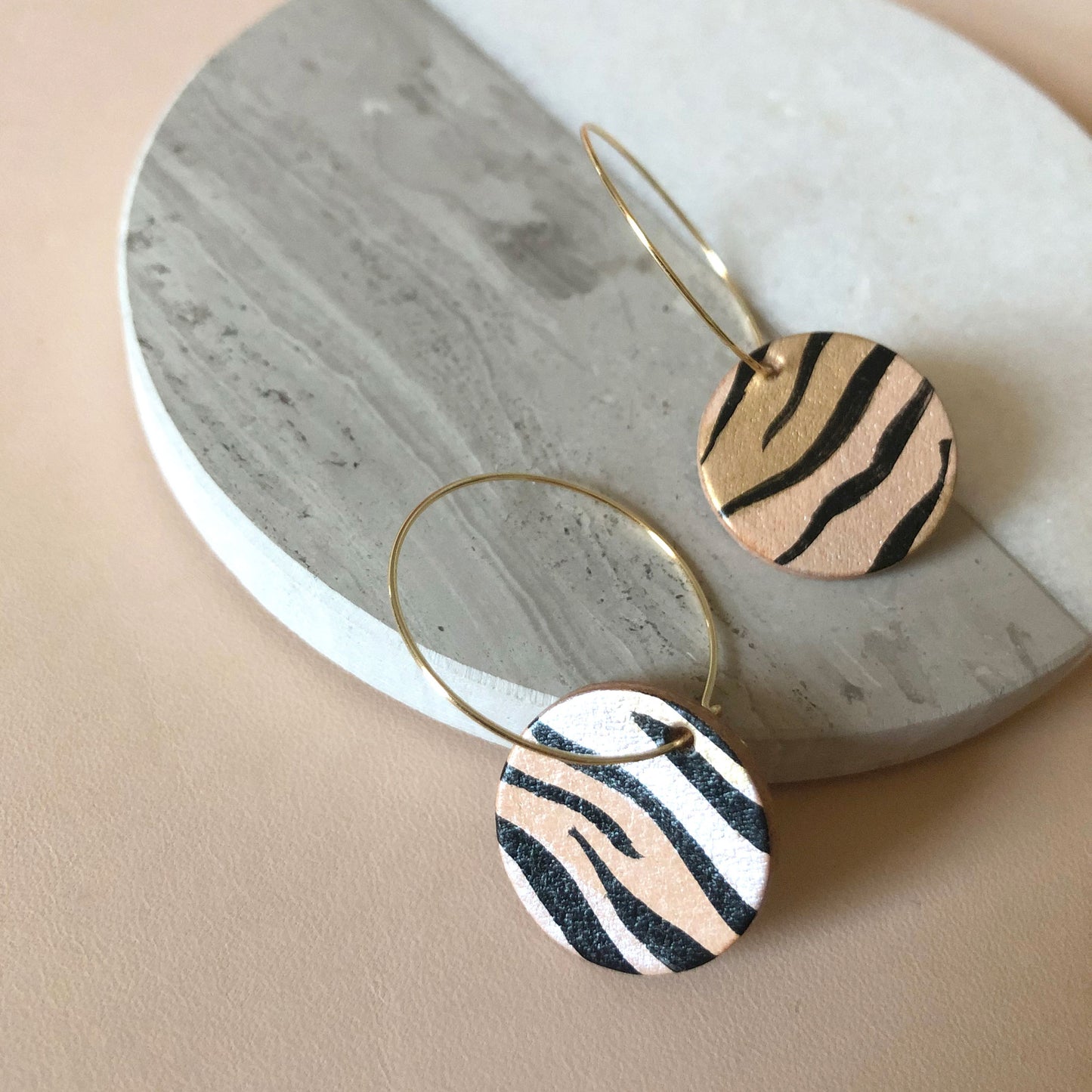 Gold-plated hoops with hand-painted tiger patterned leather earrings, gift-ready