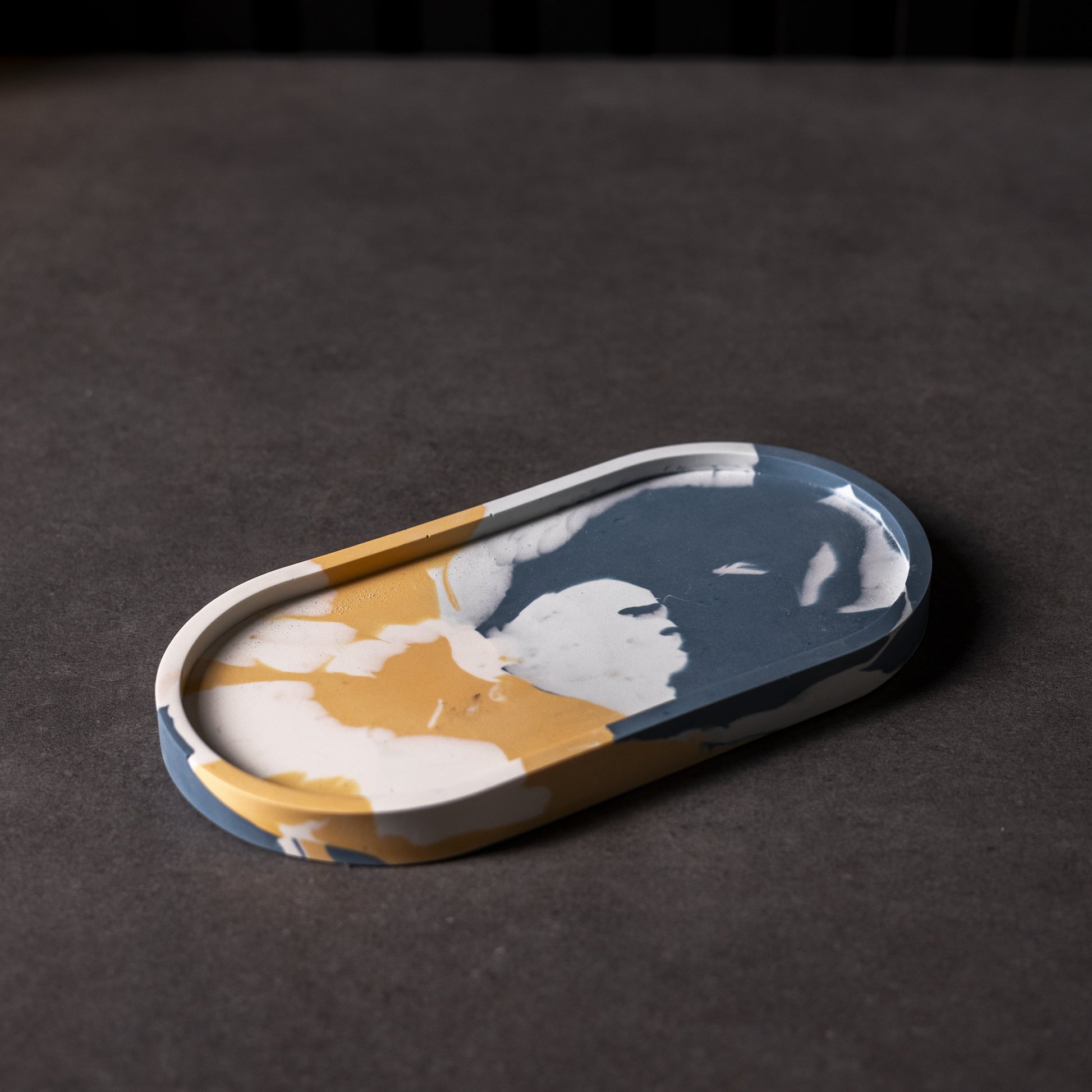 Handmade blue/orange marbled oval Jesmonite trinket tray in neutral colours, Welsh Christmas gift and eco-friendly home décor