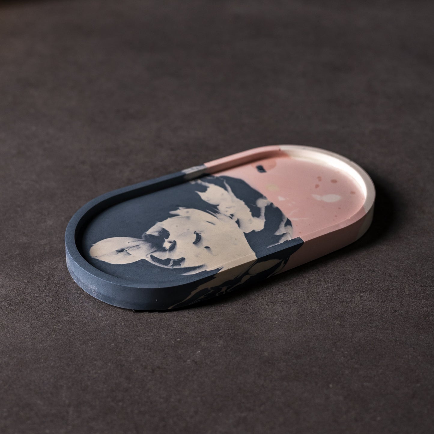 Colourful blue/pink handmade oval Jesmonite trinket tray, ideal Christmas gift from Wales and sustainable home accessory