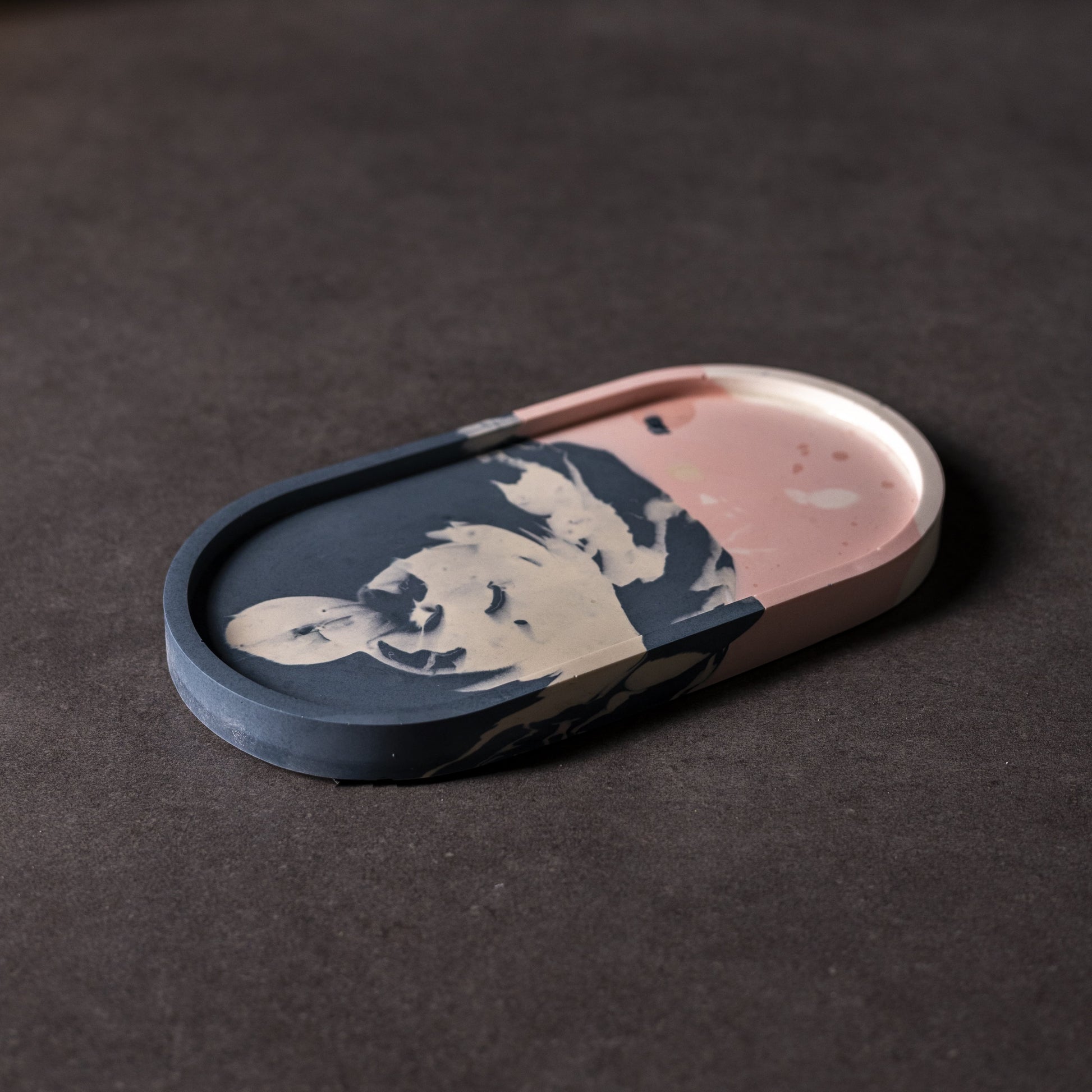 Colourful blue/pink handmade oval Jesmonite trinket tray, ideal Christmas gift from Wales and sustainable home accessory