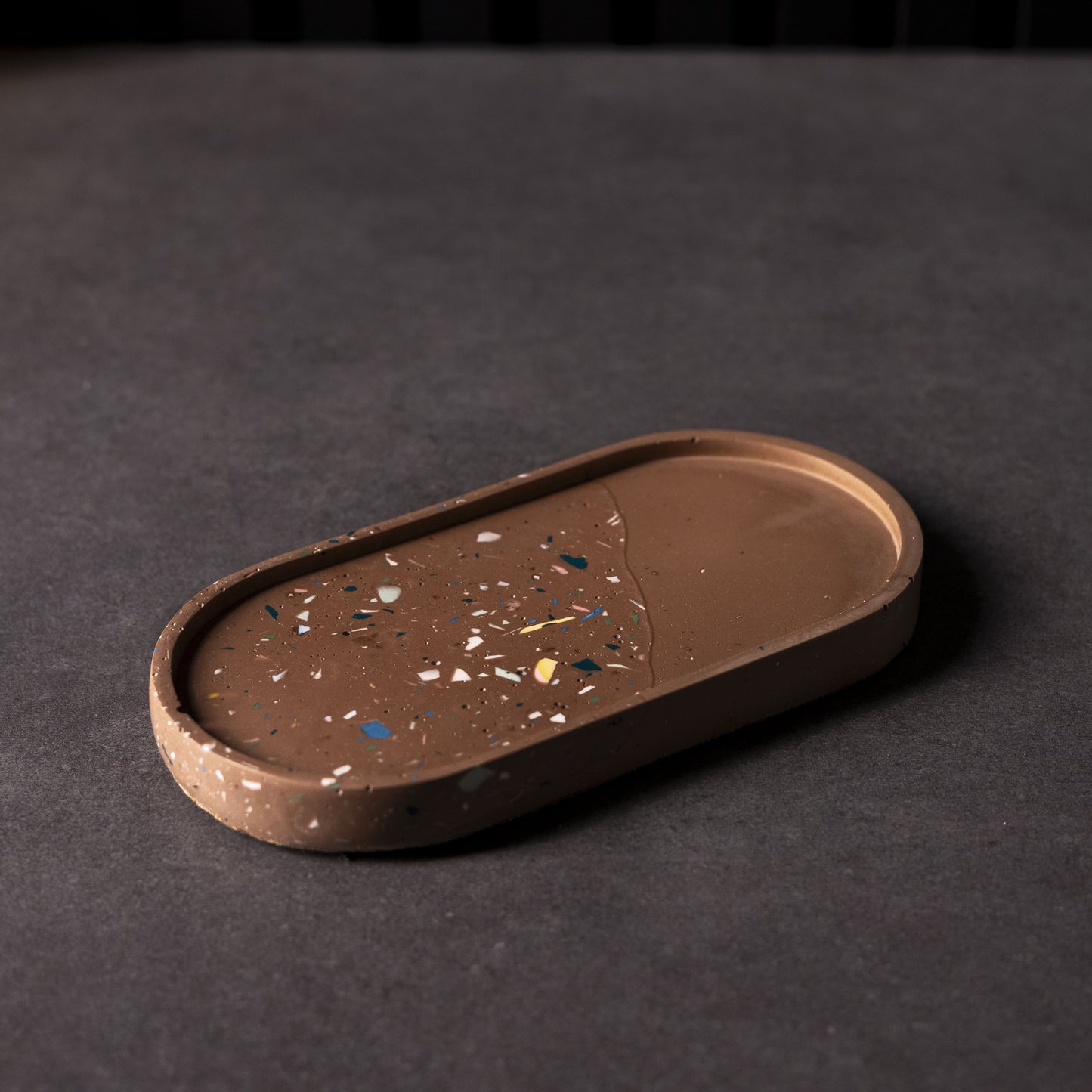 Brown terrazzo handmade oval Jesmonite trinket tray, ideal Christmas gift from Wales and sustainable home accessory