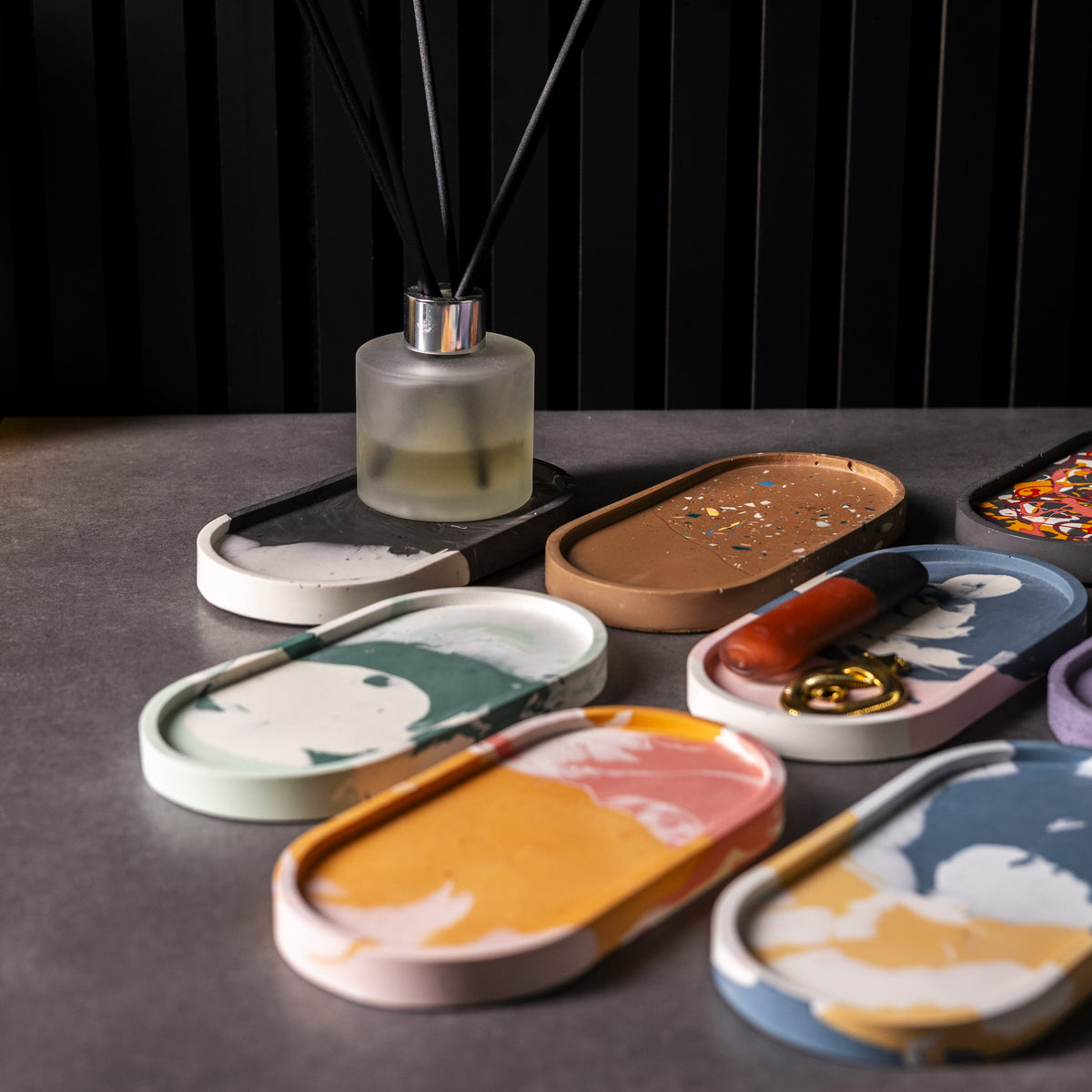 Collection of colourful Handmade oval marbled Jesmonite trinket tray in neutral and bright colours, Welsh Christmas gift and eco-friendly home décor