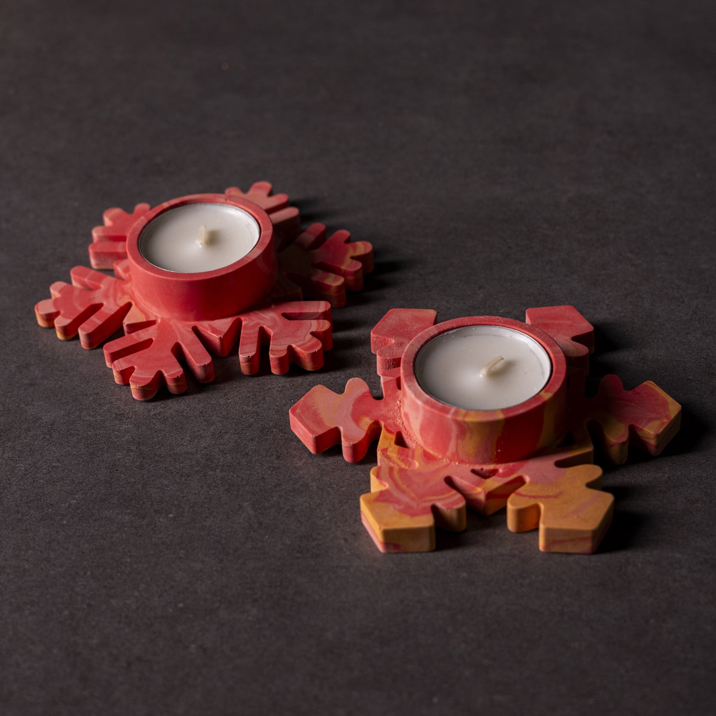 Red and orange marbled handmade snowflake tealight holder, festive Welsh gift, Jesmonite eco-friendly home décor