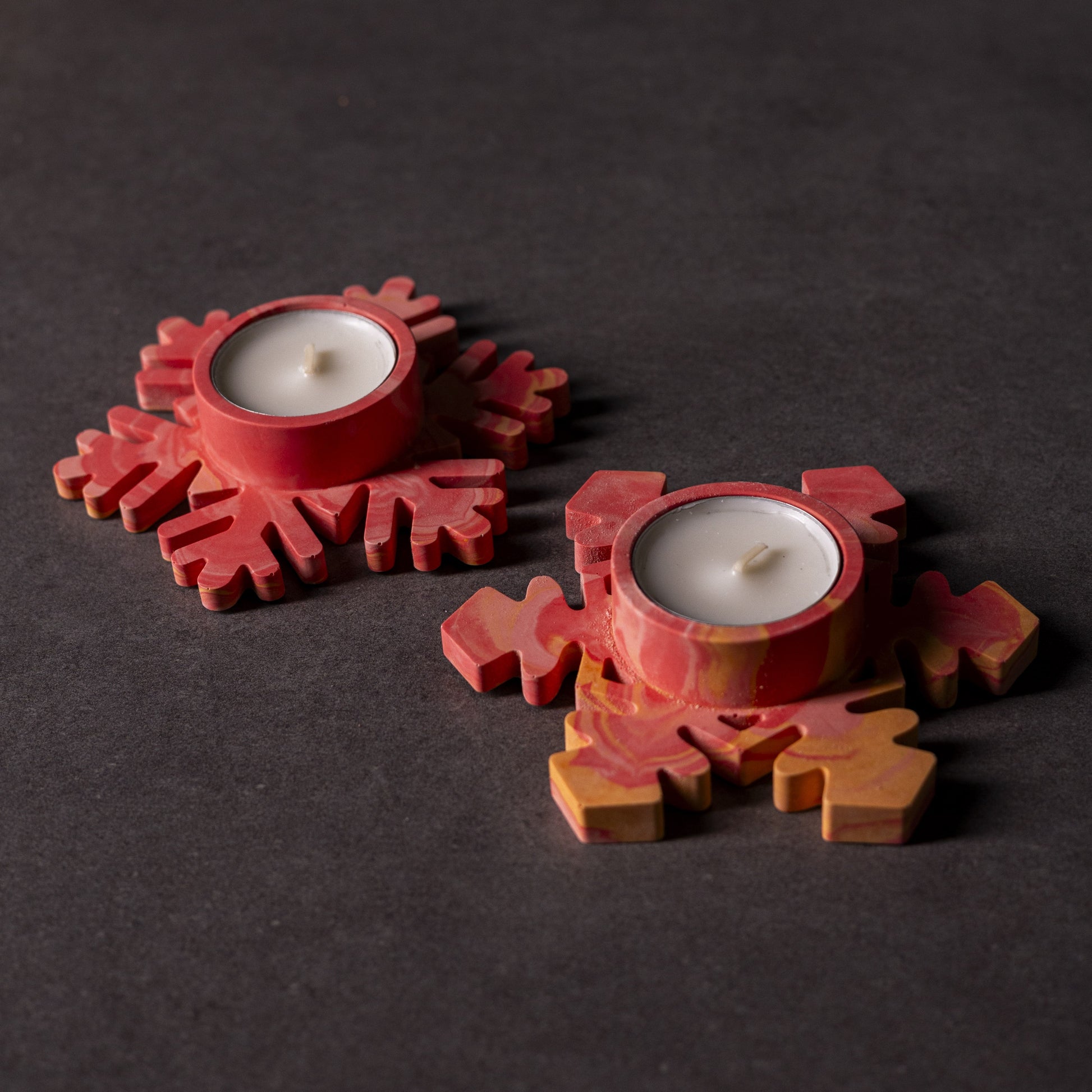 Red and orange marbled handmade snowflake tealight holder, festive Welsh gift, Jesmonite eco-friendly home décor