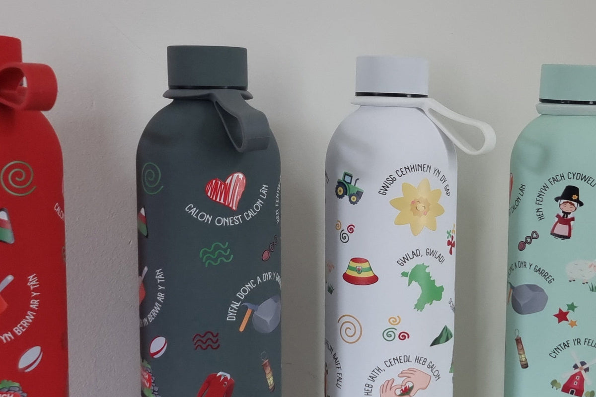 Welsh-themed stainless steel water bottles – the perfect gift for lovers of Welsh culture. 