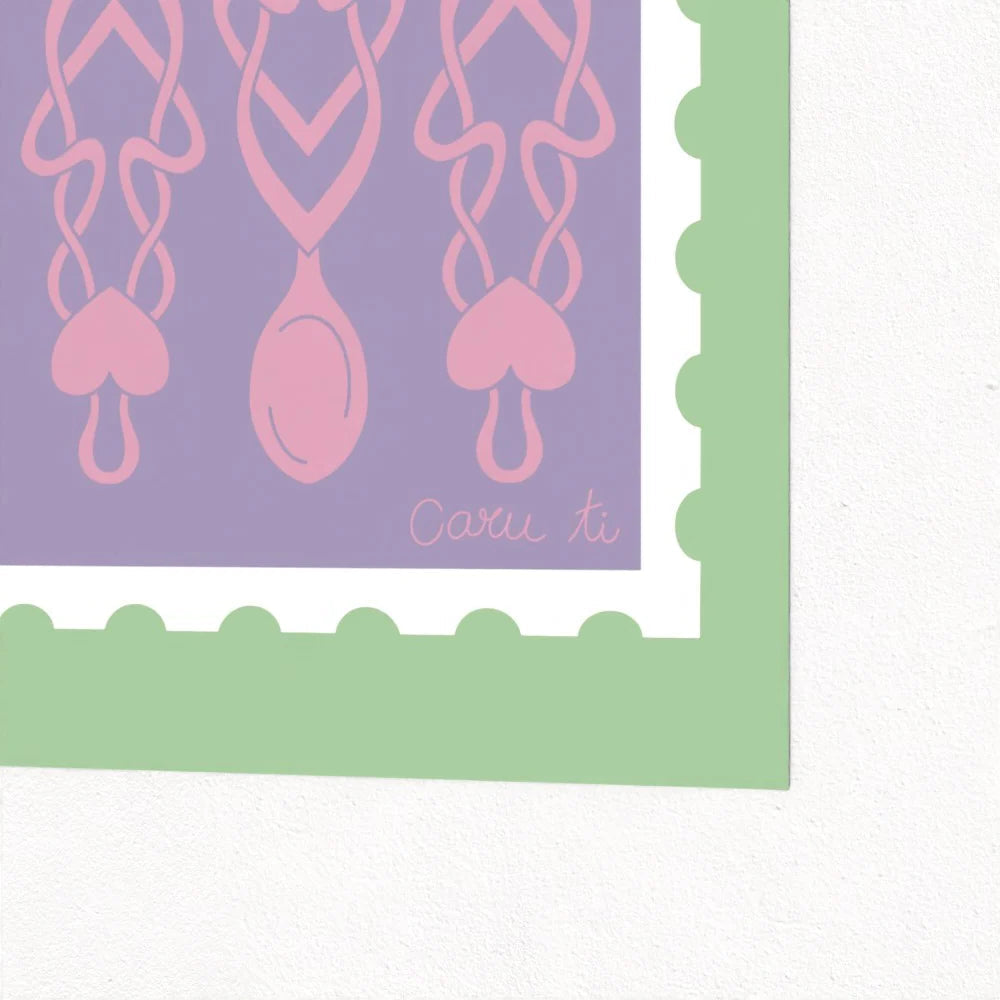 Colourful Llwyau Caru lovespoon artwork, A4/A5 eco-friendly print by Welsh artist