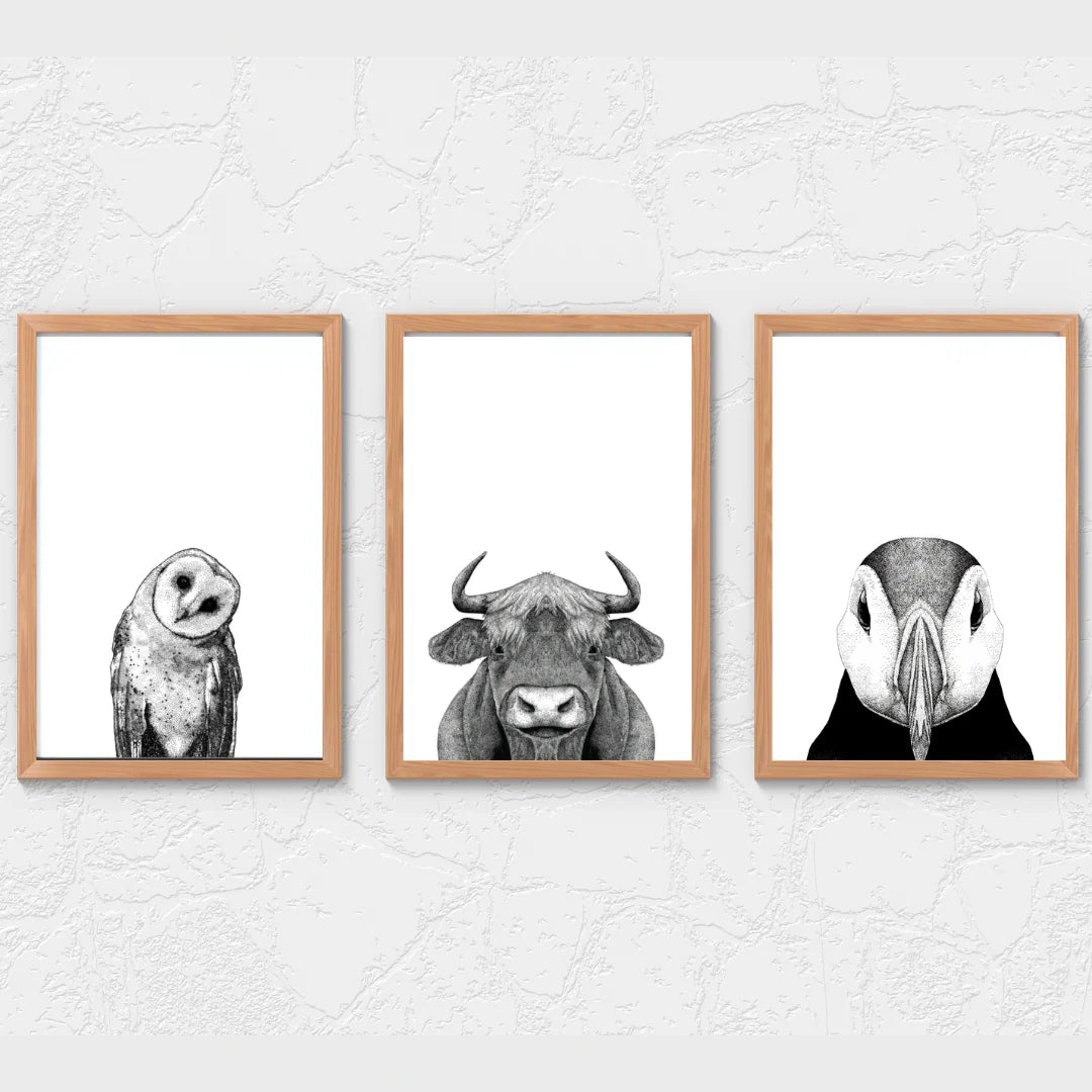 Whimsical Wildlife 3-Piece Art Print Set: Cow, Puffin, and Owl