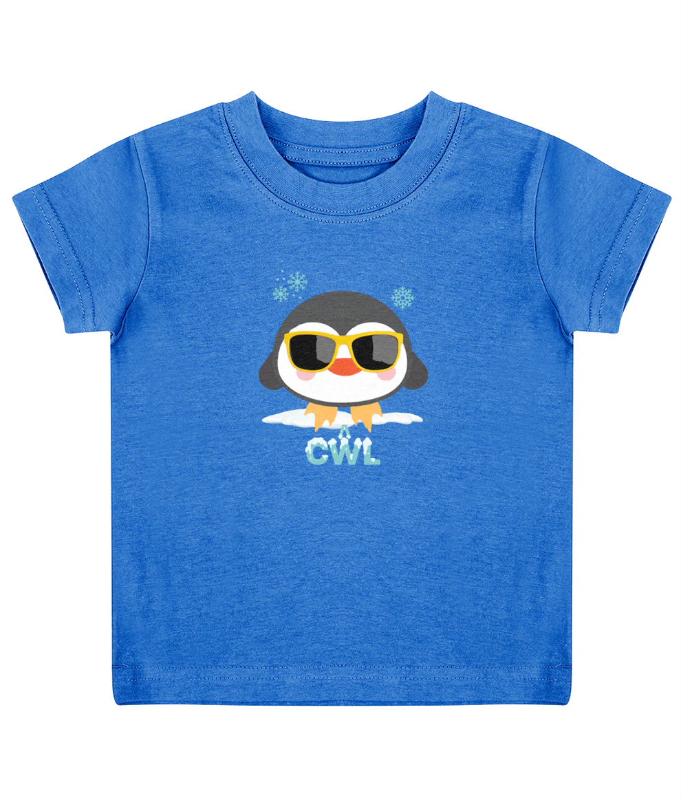 A kids' t-shirt featuring an illustrated penguin design, hung up on a wooden hanger. Perfect for new baby and toddler gifts, birthdays, school days, playtime or thoughtful Welsh gifts for children.