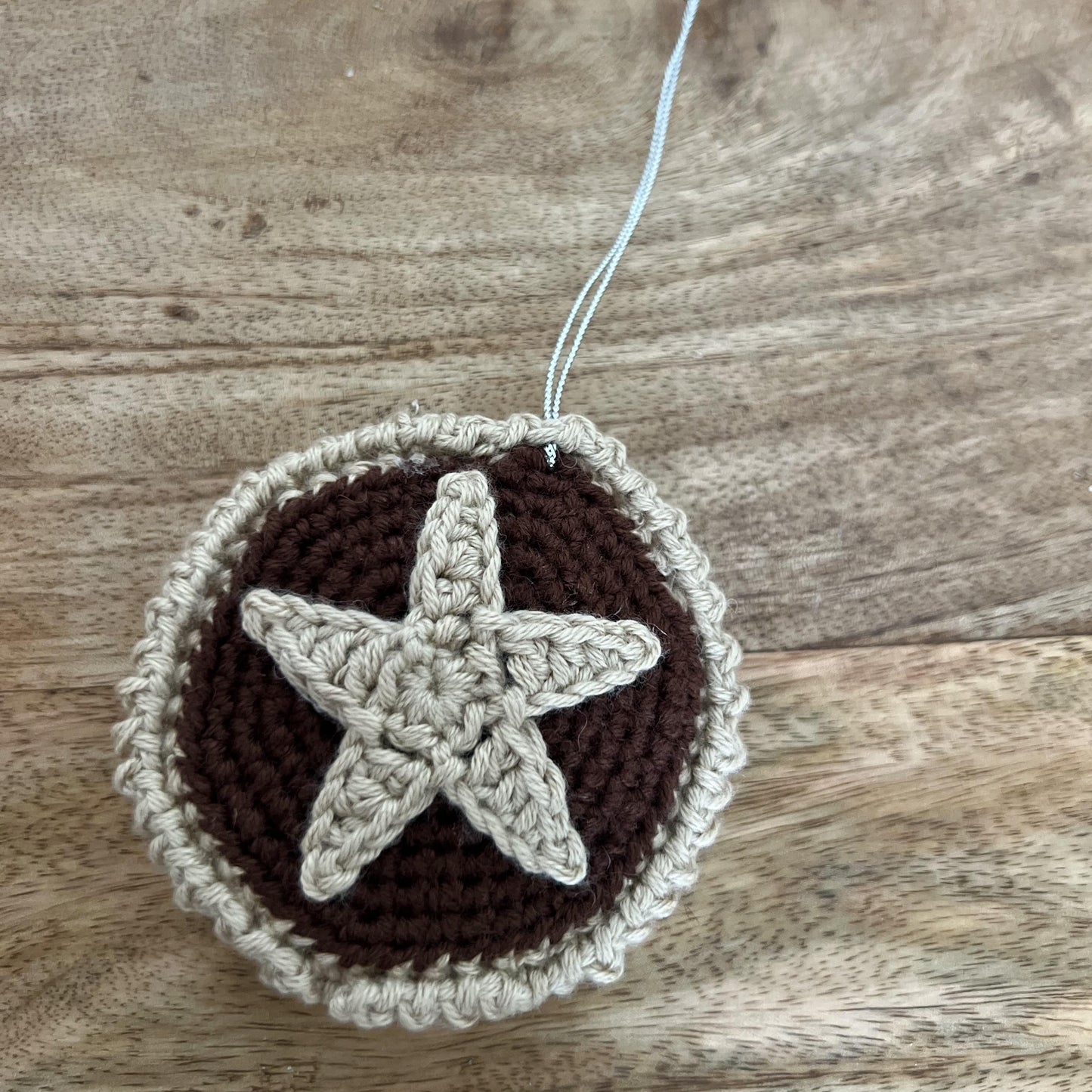 Handmade brown crochet mince pie Christmas tree decoration made in Wales